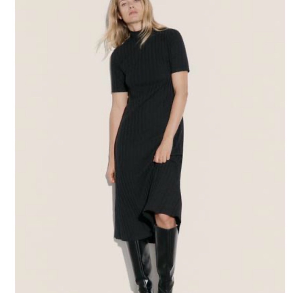 ZARA black Rib Knit Midi Dress with Short Sleeves BNWT